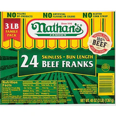 Salchichas de carne sin piel de Nathan's Famous Beef, 24 unidades (3 lb (48 oz))