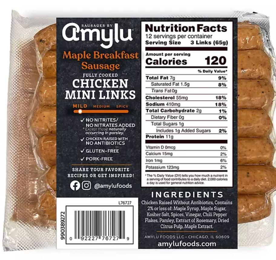 Amylu Maple Breakfast Sausage Chicken Mini Links, 27 oz. (1.7 Lb)