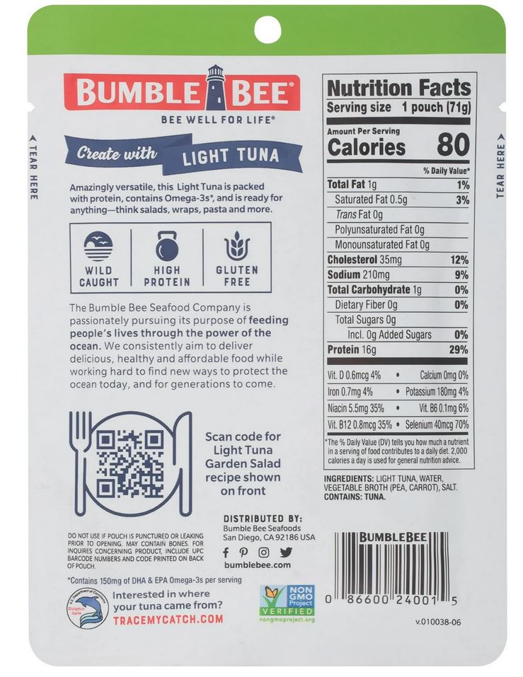 Bumble Bee Light Tuna in Water – 2.5 oz