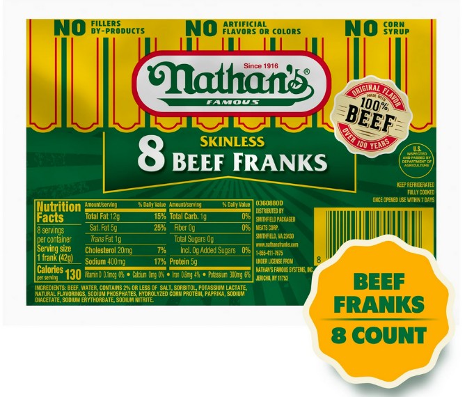 Nathan’s Famous 100% Beef Skinless Franks, 8 Count – 14 oz
